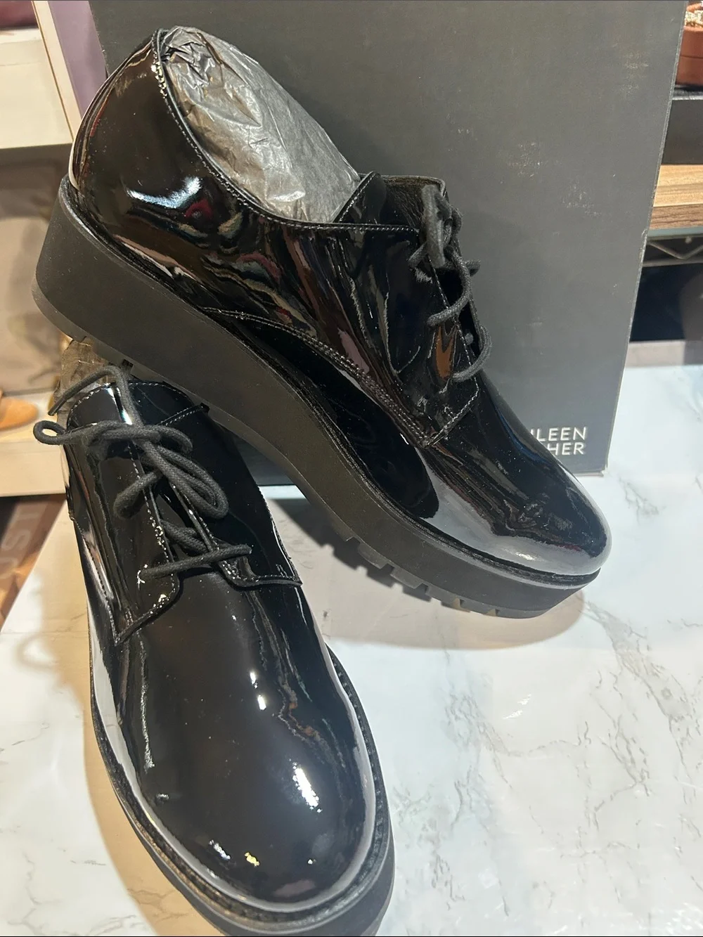 Eileen Fisher Eddy Black Patent Platform Lace-Up Boots